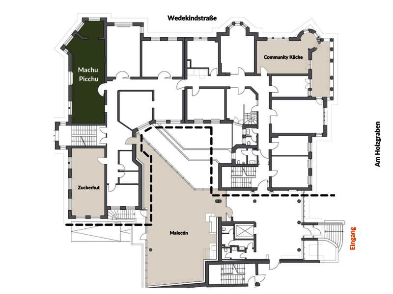 Grundriss GundWERK by Gundlach Ergeschoss. Hervorgehoben ist der Seminarraum Machu Picchu. Hier finden bis zu 30 Personen Platz, die einen Seminarraum mieten möchten.