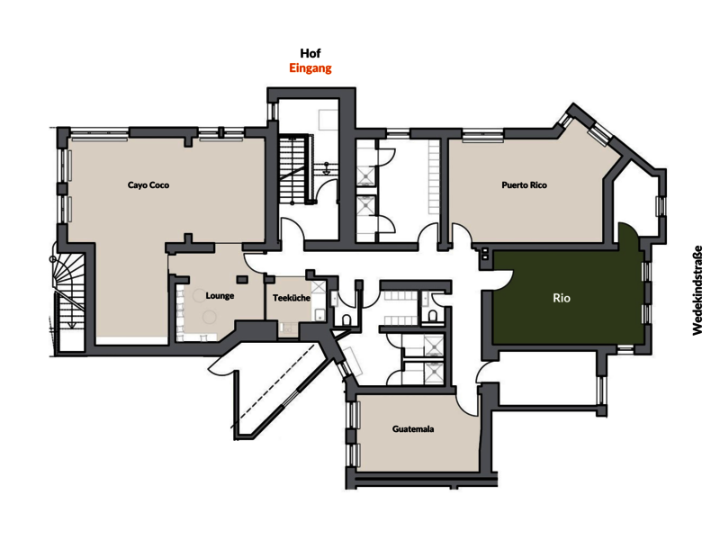 Grundriss GundWERK by Gundlach Untergeschoss. Hervorgehoben ist das Büro bzw. Arbeitsraum Rio. Das Büro ist zu vermieten und flexibel kündbar.