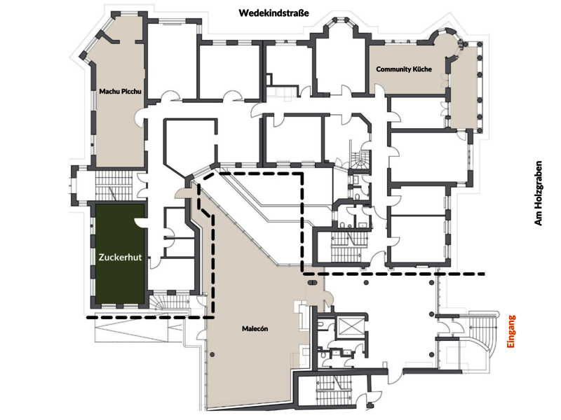 Grundriss GundWERK by Gundlach Erdgeschoss. Hervorgehoben ist die Lage des Seminarraums Zuckerhut. Der Seminarraum hat Platz für 20 Personen und befindet sich in einem ruhigen Bereich des GundWERKs.