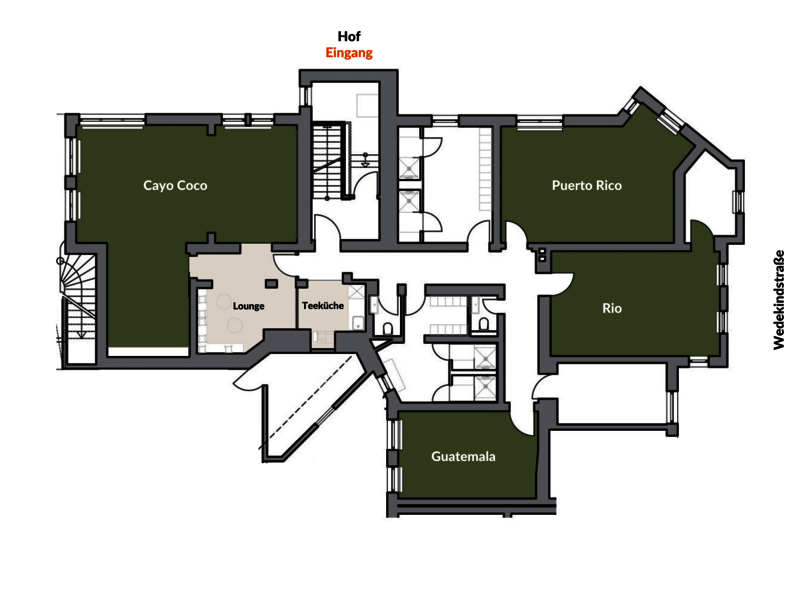 Seminarraum mieten - Estudio GundWERK. Miete unser gesamtes Estudio für das nächste Seminar, Workshop, etc.. Grünhinterlegt sind alle Räume, die dazugehören.